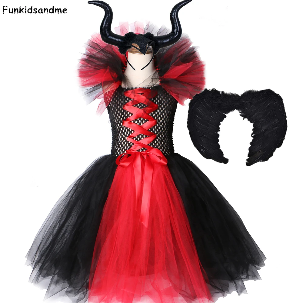 Blogio Karalienė Maleficent Cosplay Kostiumas Mergaitėms Halloween Carnival Šalies Išgalvotas Tutu Suknelė Vaikai Mergina, Ragana Suknelė su Ragai, Sparnai