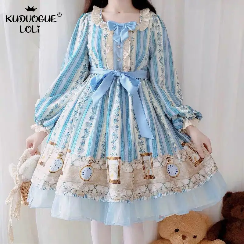 Japonijos Saldus Lolita Dress Senovinių Nėrinių Bowknot Mielas Spausdinimo Mėlyna Suknelė Viktorijos Kawaii Girl Gotikos Princesė Moterų Drabužiai
