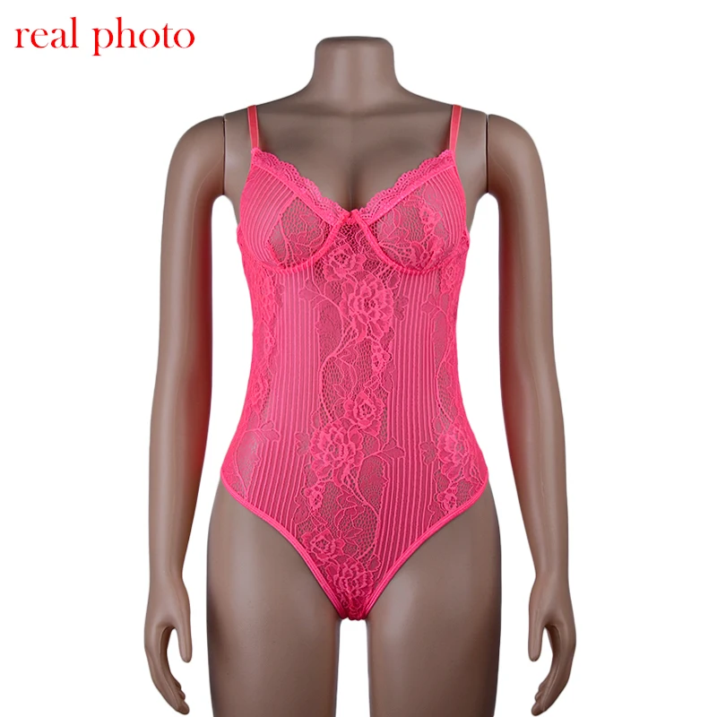 Kriptografijos Hot Pink Sexy Nėrinių Bodysuit Backless Sheer Lace Akių Teddies Moterų Jumpsuits Liesas Neon Mados Dirželiai Bodysuits