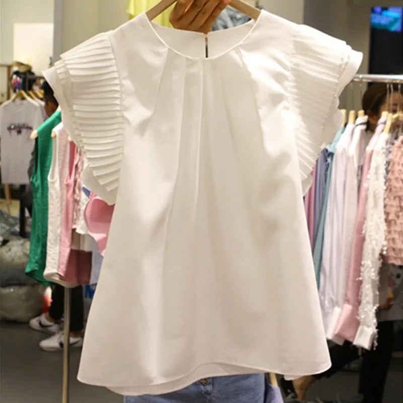 LANMREM 2021 naujų pavasario ir vasaros korėjos stilių mergaitės drabužių turas plisuotos rankovėmis ir trumpi marškinėliai moteriška palaidinė WL55401XL