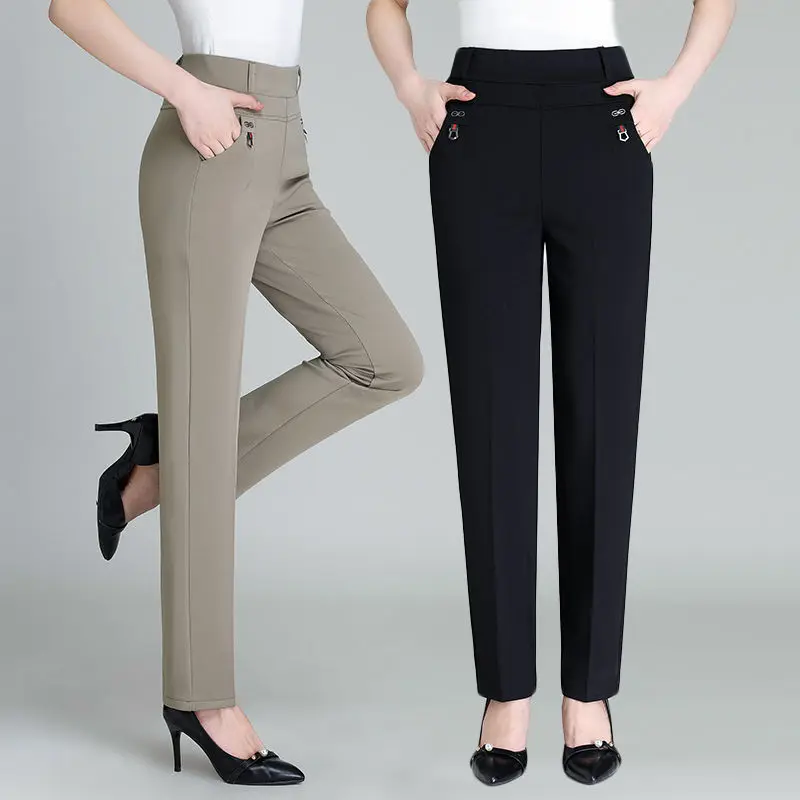 Naujas plus size storio motina tiesios kelnės didysis išpardavimas vientisos spalvos aukštos elastinga aukštos juosmens stora moterų office rudenį kelnės