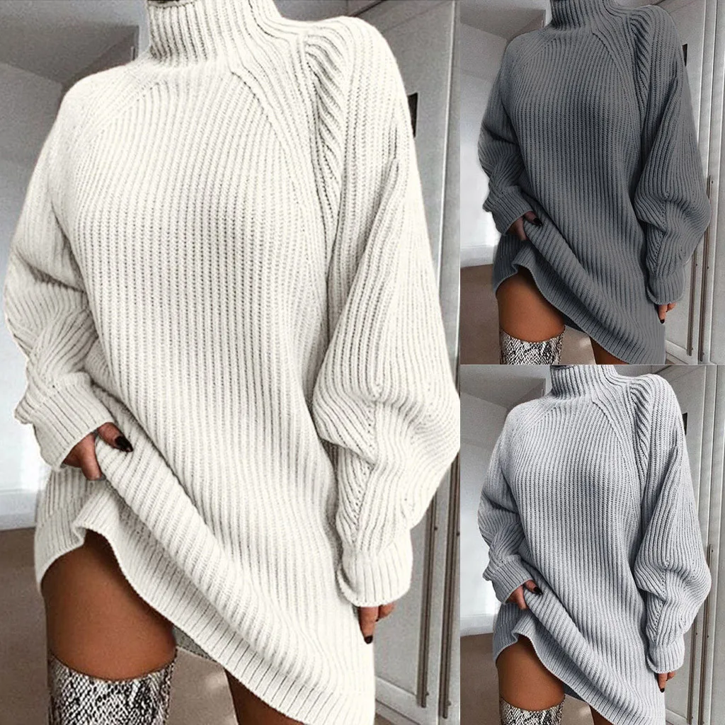 Moterų Golfo Long Sleeve Sweater Dress Moteris Rudens-Žiemos Purus Megzti Tunika Atsitiktinis Rausva Pilka Drabužių Kietas Suknelės