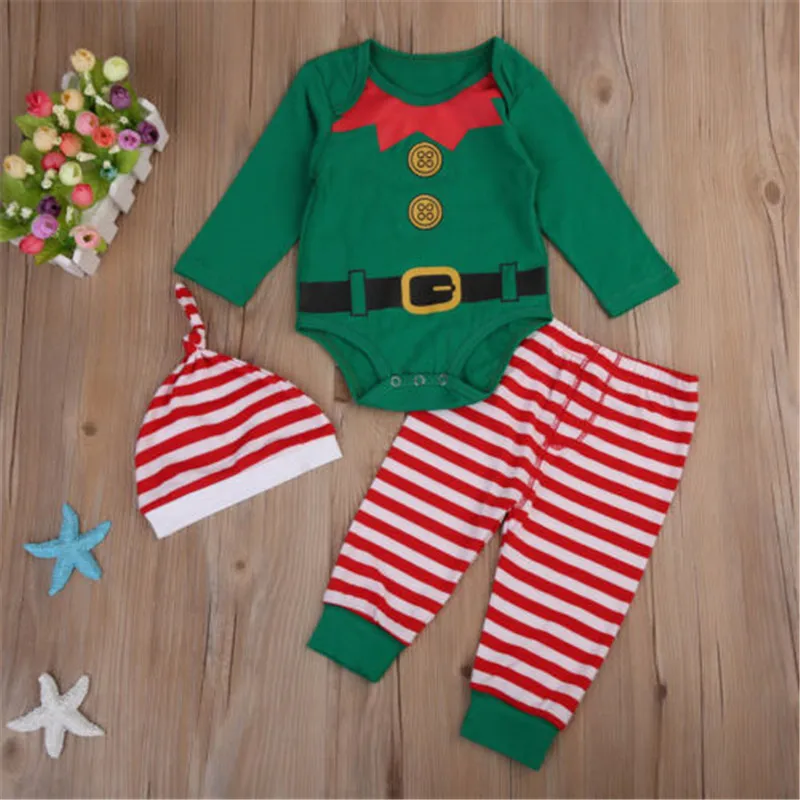 Kalėdų Naujagimiui Berniukų Drabužiai Rinkiniai Santa Claus Žalia ilgomis Rankovėmis Bodysuit+Stripe Kelnės+Hat 3pcs Kalėdos Komplektus 0-24M