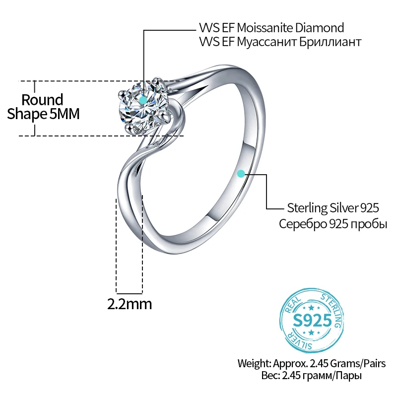 Kietas Sidabro 0.5-3ct Laboratorijoje Auginami Diamond DEF Spalva VVS1 Moissanite 4 Prongs Solitaire su Diakritiniais ženklais Vestuvinis Žiedas