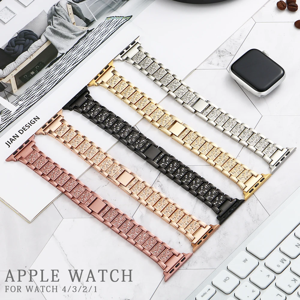 Nerūdijančio plieno dirželis Apple Watch Band 6 SE 5 4 44mm 40mm ponios diamond iWatch serijos 3 2 38mm 42mm apyrankę priedai