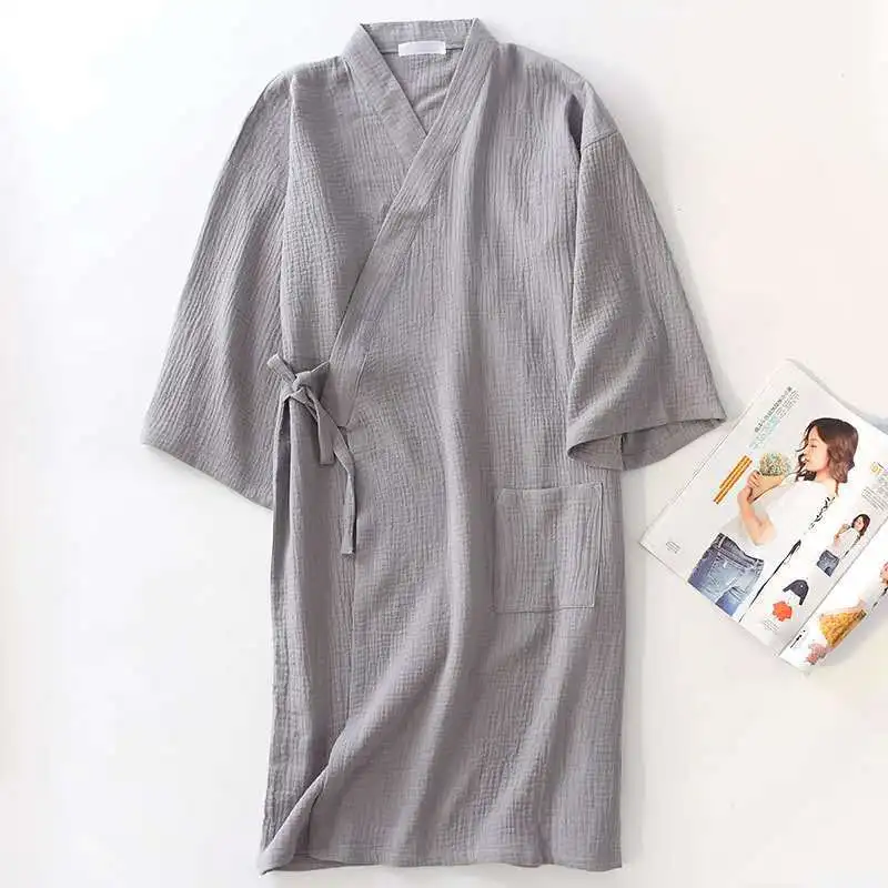 Medvilnės Porų Chalatas Kietas Krepo Gazas Skraiste V-kaklo Japonijos Kimono Stiliaus Vestuvių Chalatai Sleepwear Plius Dydis Suknelė Padažu