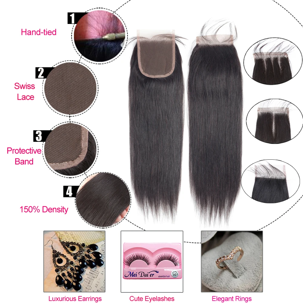 Malaizijos Žmogaus Plaukų Ryšulius Su Uždarymo Tiesiai Ryšulius Su 4x4 Nėrinių Uždarymo Remy Žmogaus Plaukų priauginimas Už juodaodžių Moterų Plaukų