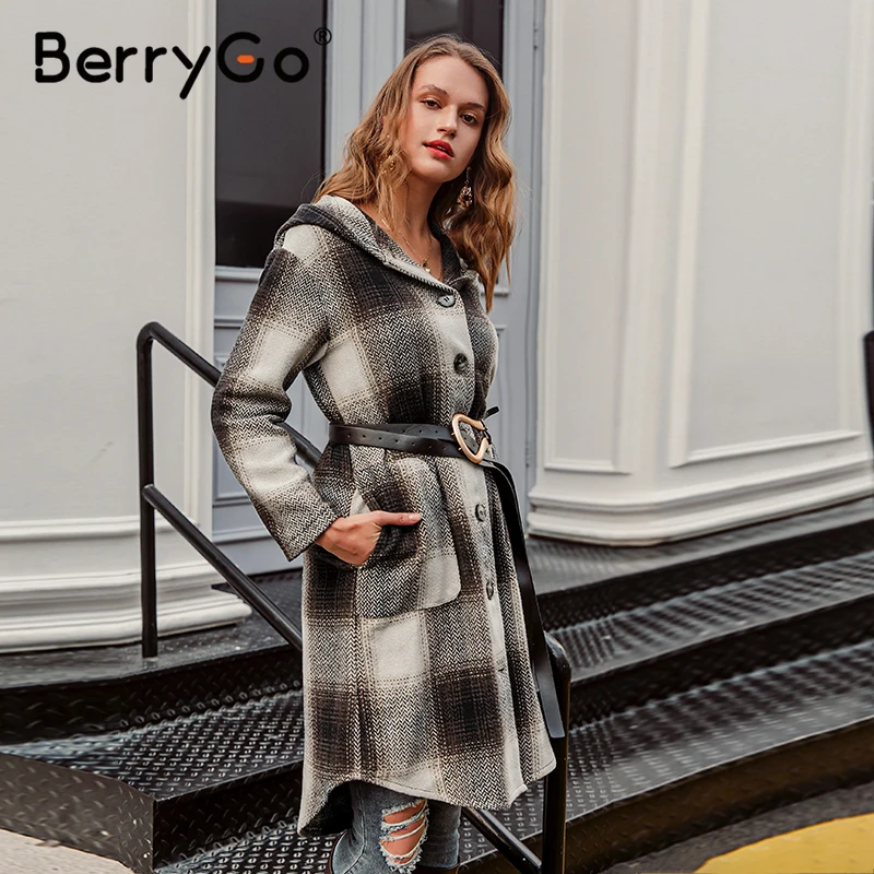 BerryGo Atsitiktinis palaidų mygtuką pledas su gobtuvu moterų palto Kišenės, kontrasto spalvų ilgas kailis ponios Šiltas rudens žiemos paltas 2020 naujas
