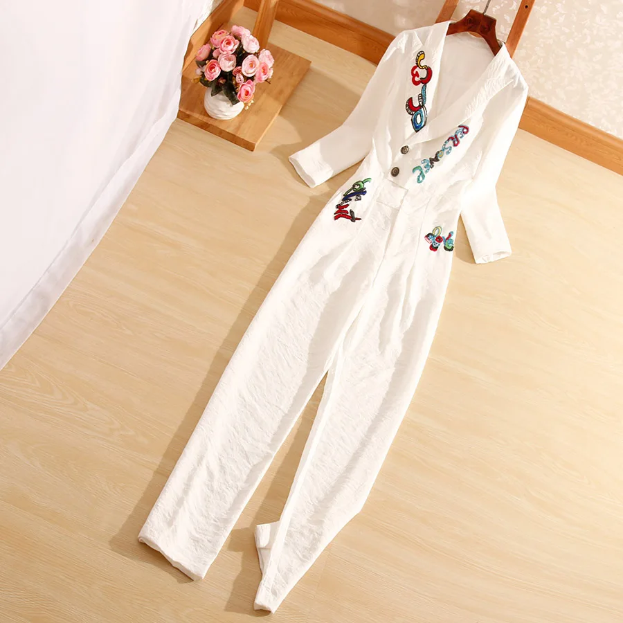Nauja rudens stiliaus Moteris jumpsuits Kinų stiliaus mados siuvinėjimo Blizgučiais elegantiškas plonas panele balta/juoda Rompers S-XL