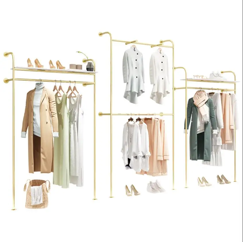 Drabužių parduotuvė display rack grindų tipas moteriški drabužiai parduotuvės lentynos dvigubo sluoksnio drabužių džiovykla aukso sienos drabužių džiovykla
