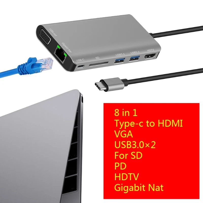 Tipas-C Multi-funkcija Doko Stotis su USB3.0x2/SDx1 Kortelė+RJ45+Tipo c(PD), uostas+HDMI/VGA+JACK3.5