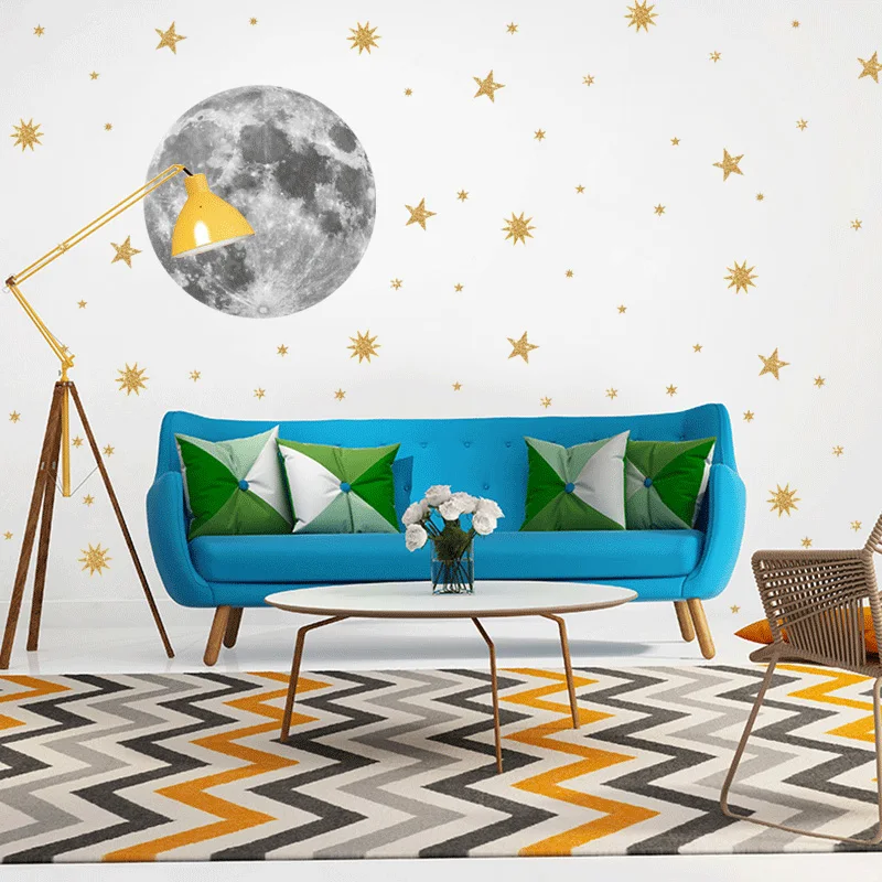 Mėnulis ir aukso žvaigždės Siena Lipdukas, vaikų kambariai, miegamojo fone, dekoracijos tapetai, Freskos Meno Lipdukai lipdukai