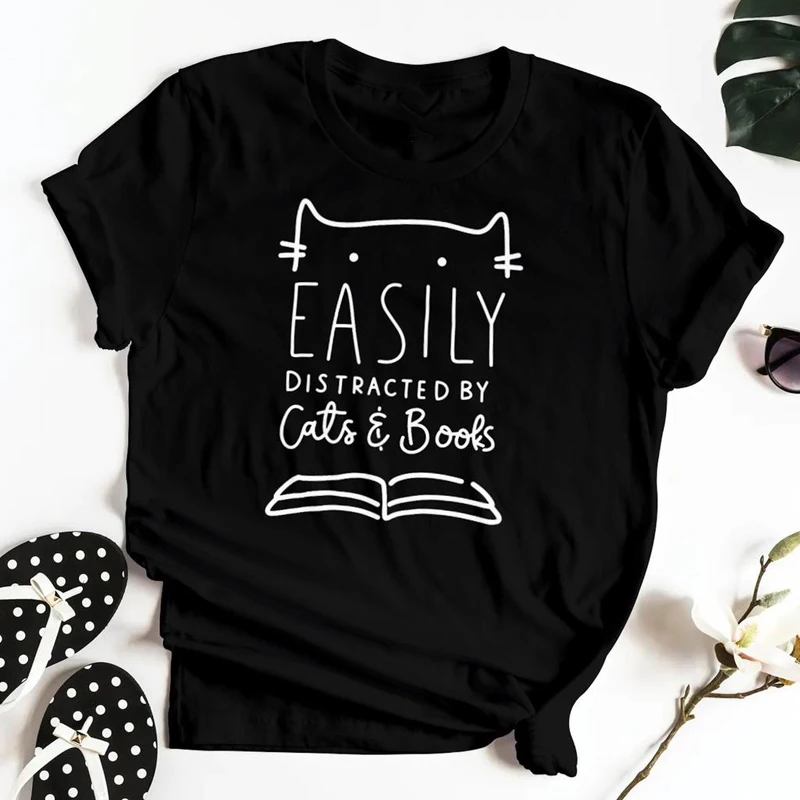 Lengvai Atitraukė Kačių & Knygas T-shirt Juokinga Moterų Skaityti Bookworm Viršūnes Tees Mielas Katė Mama Dovanų Marškinėlius Camiseta