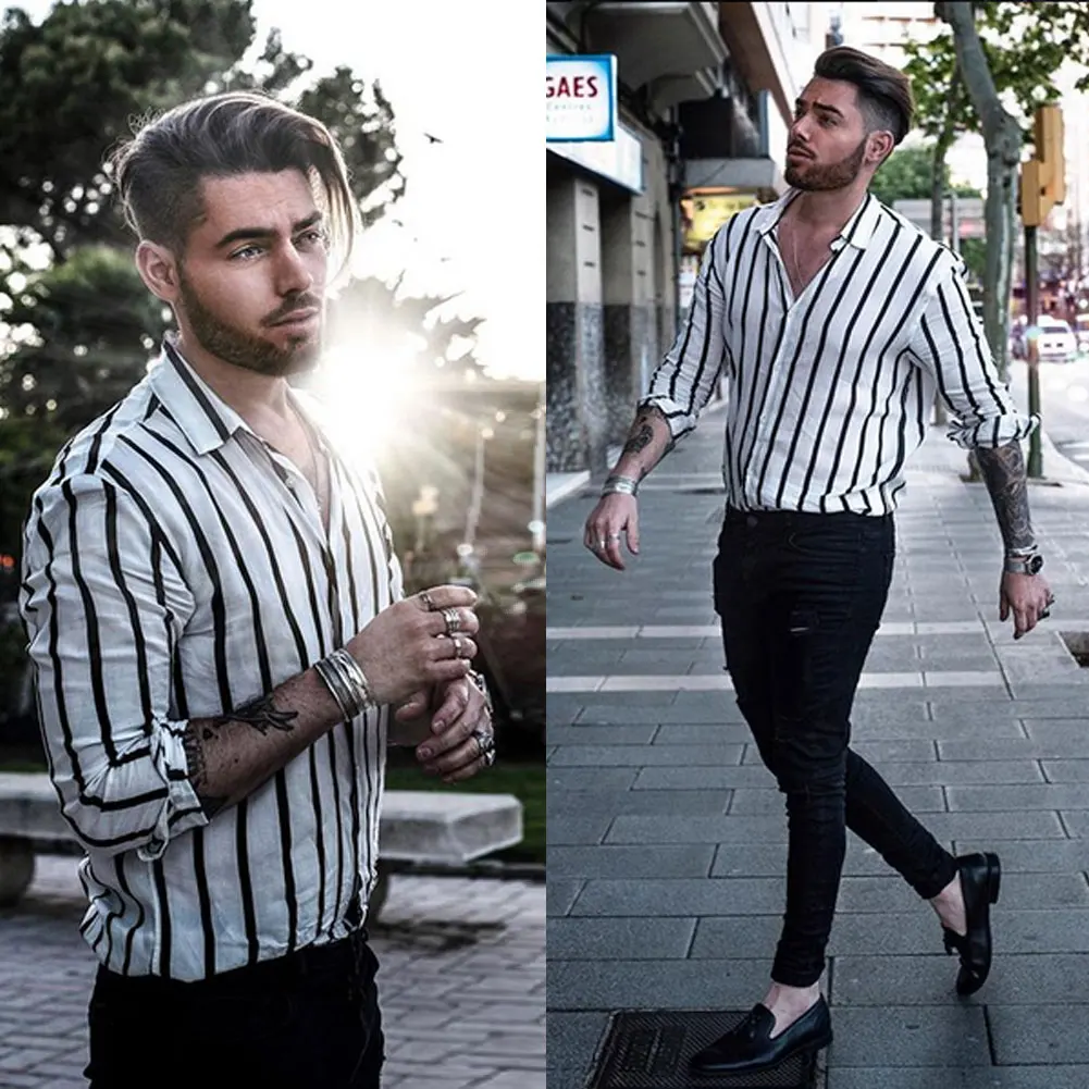 Mados Naujų Plus Size Streetwaer vyriški Slim Fit Long Sleeve Lino Stripe Marškinėliai Atsitiktinis marškinėliai Topai Palaidinė