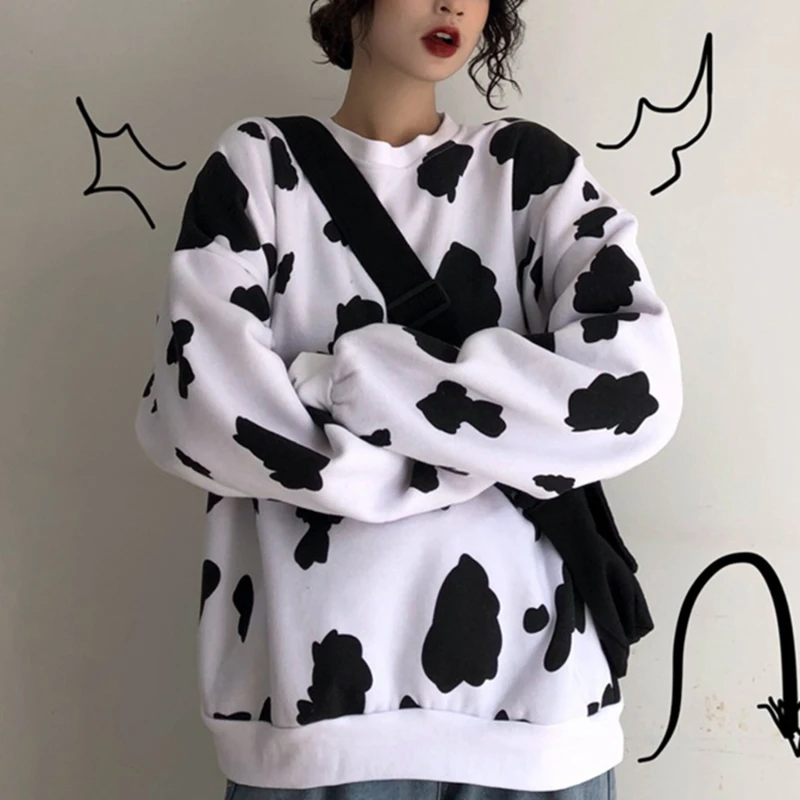 Japonijos Rudenį Moterų Mados Prarasti Ilgomis Rankovėmis Hoodies Laisvalaikio Megztiniai Naujų Karvių Pieno Spausdinti Hoodie Moterų Palaidinukė