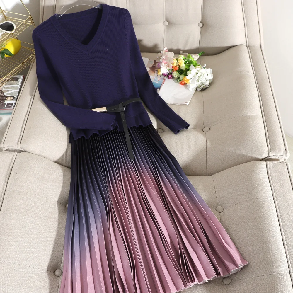 Mados Moterų Office Suknelė Naują Pavasario Rudens ilgomis Rankovėmis Kratinys Plisuotos Suknelės Lady Elegantiškas su Diržo Vintage Megztinis Suknelė