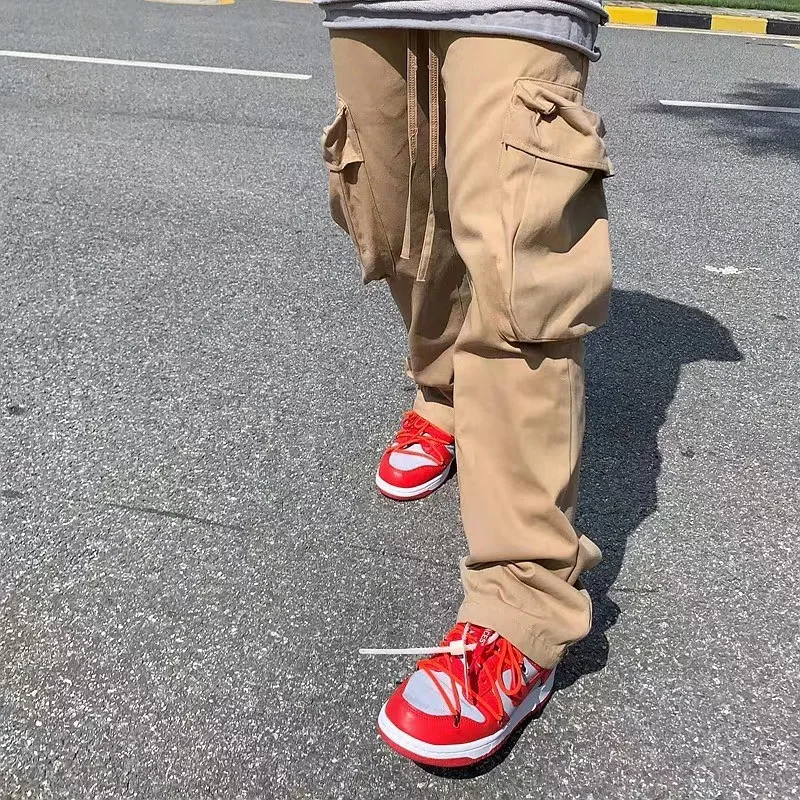 Harajuku Šoninių Kišenių Streetwear Blyksnius Pants Mens Raišteliu Tiesiai Plauti Baggy Krovinių Kelnės Hip-Hop Prarasti Atsitiktinis Kelnės