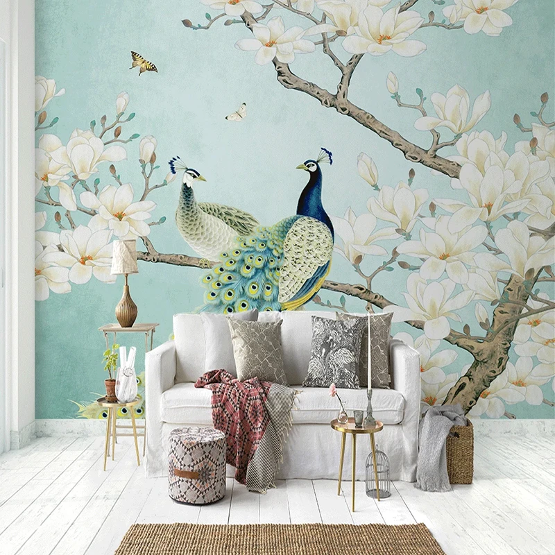Custom Sienų Tapetai, 3D Kinų Stiliaus Povas Magnolia Gėlių, Paukščių Sienų Tapyba Kambarį Studijų Fone, Sienų Dekoras 3 D
