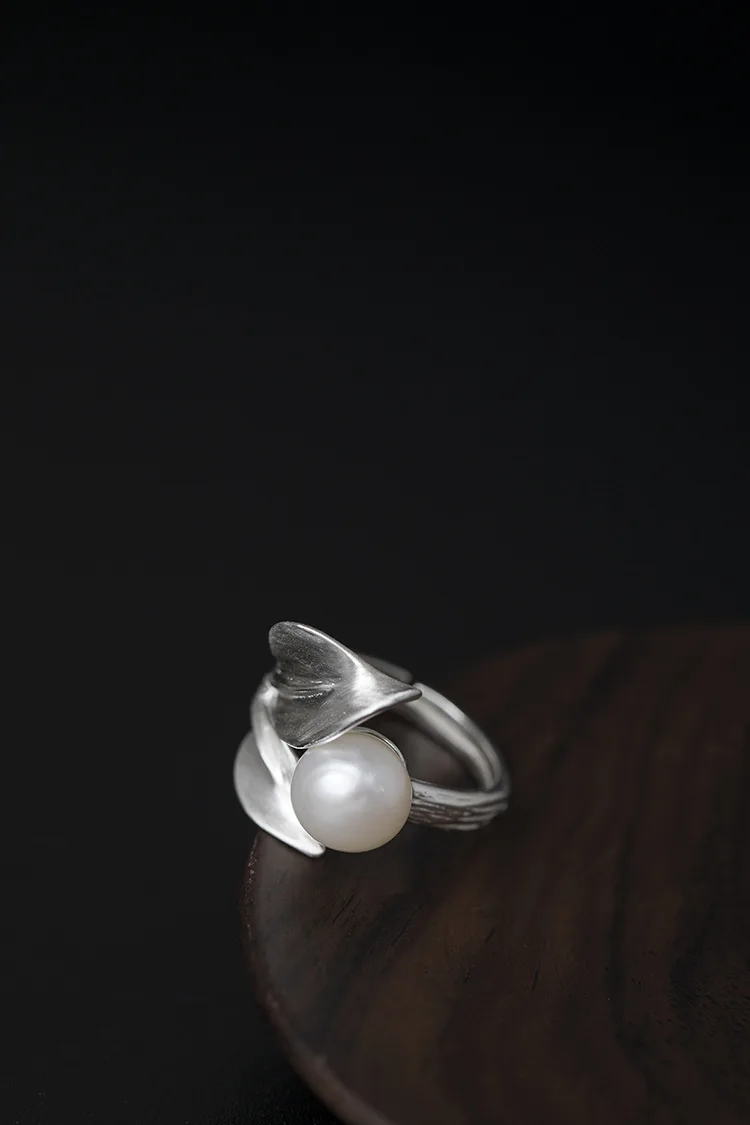 Uglyless Nekilnojamojo 925 Sterlingas Sidabro Moterų Elegantiškas Gėlavandenių Perlų Žiedas, Rankų Darbo Šepetys Lapai Plačiai Atverti Žiedai Individualizuoti Papuošalai