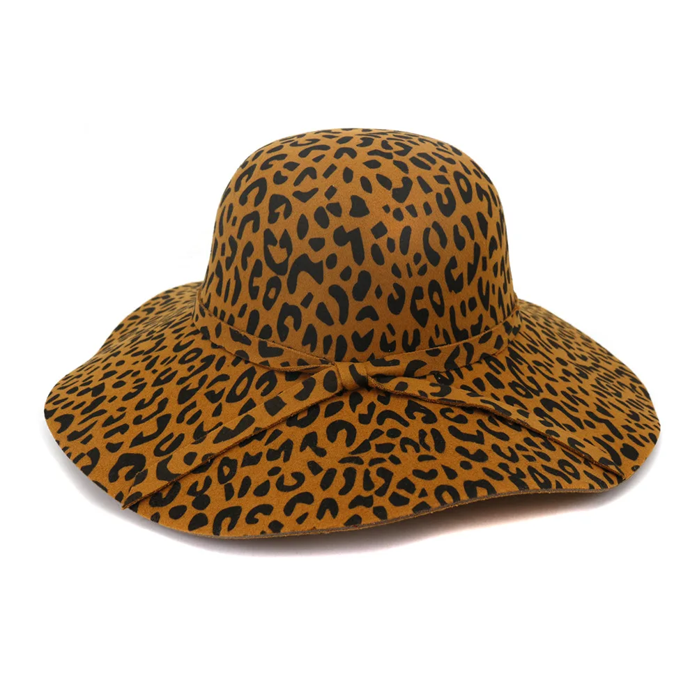 Didelis Kraštų Leopardas Spausdinti Jaučiausi Dome Skrybėlę Wome Fedora Skrybėlės Fascinators Skrybėlę Moterims, Elegantiškas Floppy Dangtelis Apsaugos nuo Saulės Chapeau