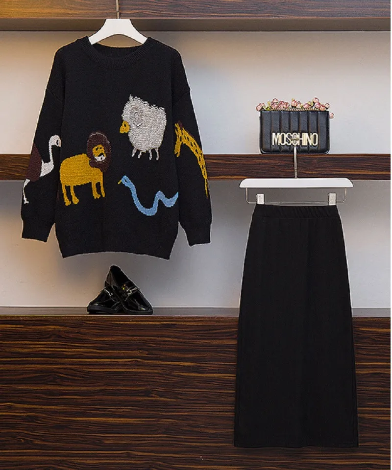 CBAFU plius dydis L-4XL animacinių filmų megztinis kostiumas moterims megzti 2 dalių komplektas gyvūnų žakardo laisvas megztinis jnit sijonas kostiumas juodas P565