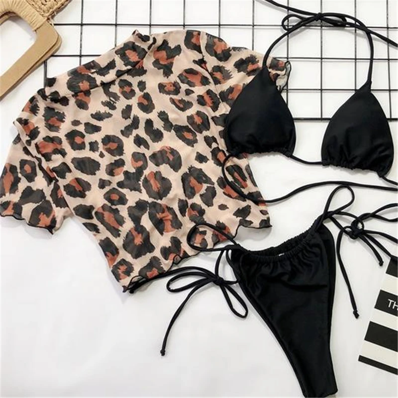 Moterų 3pcs Bikini Rinkiniai, Leopardas Trumpas Rankovės Pasėlių Viršuje+Bikini Komplektas Tvarstis maudymosi Kostiumėliai maudymosi kostiumėlį, Maudymosi Kostiumas, Paplūdimio Vasaros Paplūdimio