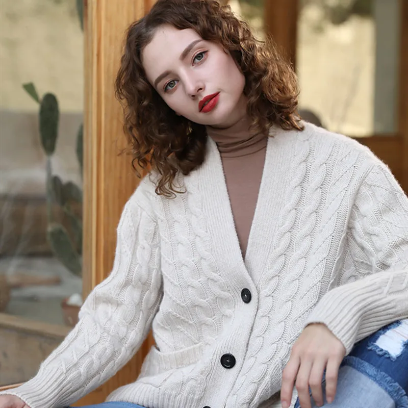 2019 ponios cashmere cardigan megztinis V-kaklo, kieta spalva, laisvas megztinis single-breasted atsitiktinis megzti megztinis žiemą vilnos chalatą