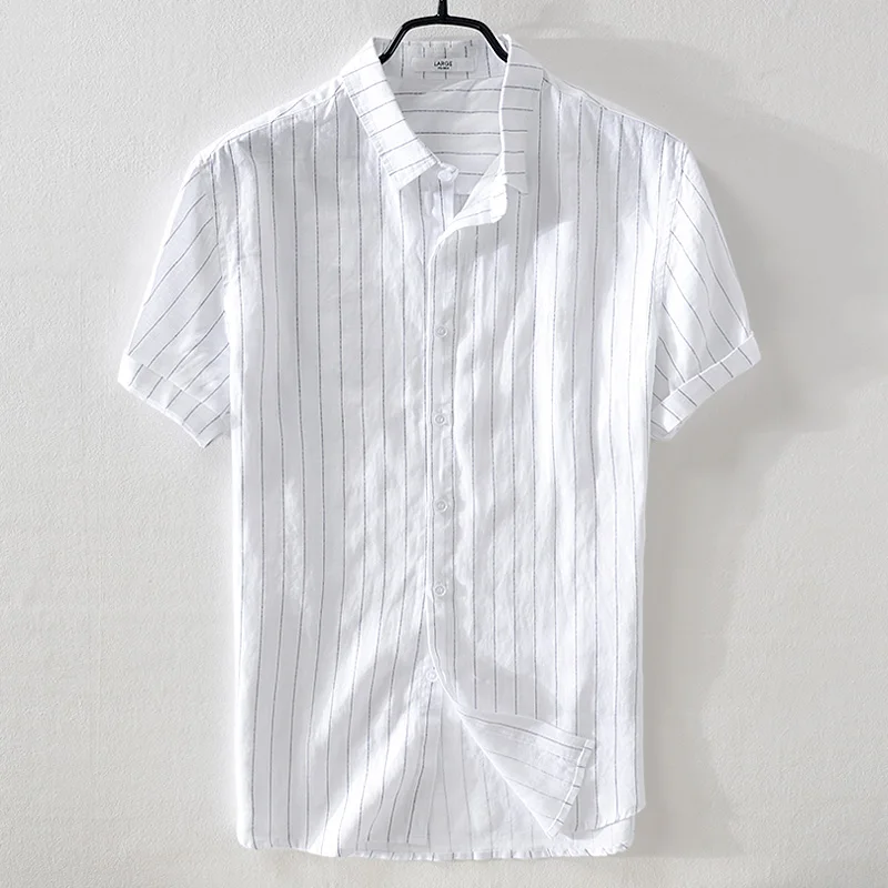 2018 Naujas prekės ženklas vyrų patalynė trumpas rankovėmis dryžuotas marškinėliai atsitiktinis palaidų linų shirt mens M-3XL vasarą baltus marškinius vyras camisa