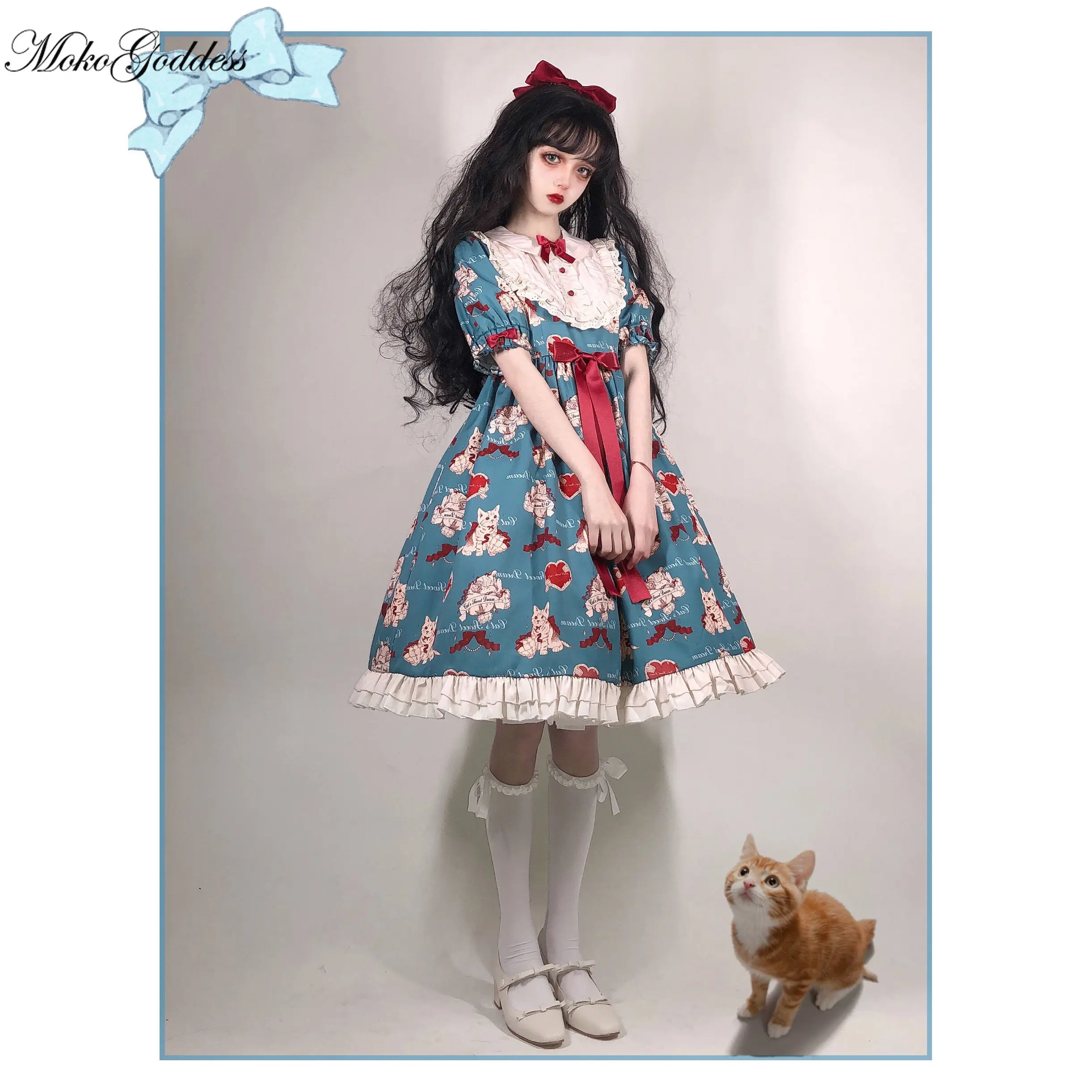 Japonijos Saldus Kawaii Lolita dress pilka-žalia noras katė Lolita katė Derliaus Viktorijos Gotika Lankas Princess arbatėlė Suknelės