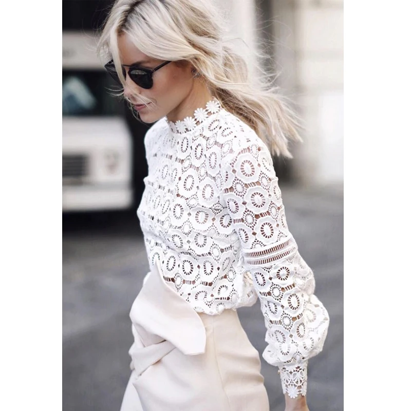 Naujas Moterims Gėlių Nėrinių Palaidinės Boho ilgomis Rankovėmis Balta Office Ponios Tuščiaviduriai Iš Marškiniai, Elegantiškas Pavasario Vasaros Streetwear S-XL