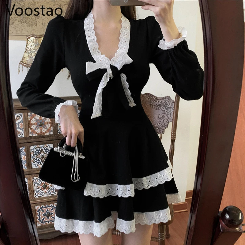Black, Gothic Lolita Dress Moterų Derliaus Viktorijos Lankas Trūksta Kratinys Raukiniai Ilgomis Rankovėmis Mini Suknelė Mergaitėms Punk Suknelės, Šaliai