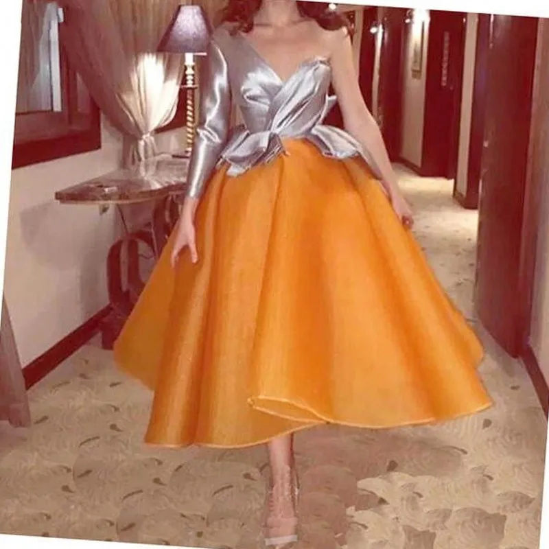 Oranžinė Reljefiniai Musulmonų Vakaro Suknelės 2020 Ilgomis Rankovėmis Arbata Ilgis Organza Dubajus, Saudo Arabų Ilgai Promenadzie Suknelė Vakare Gown