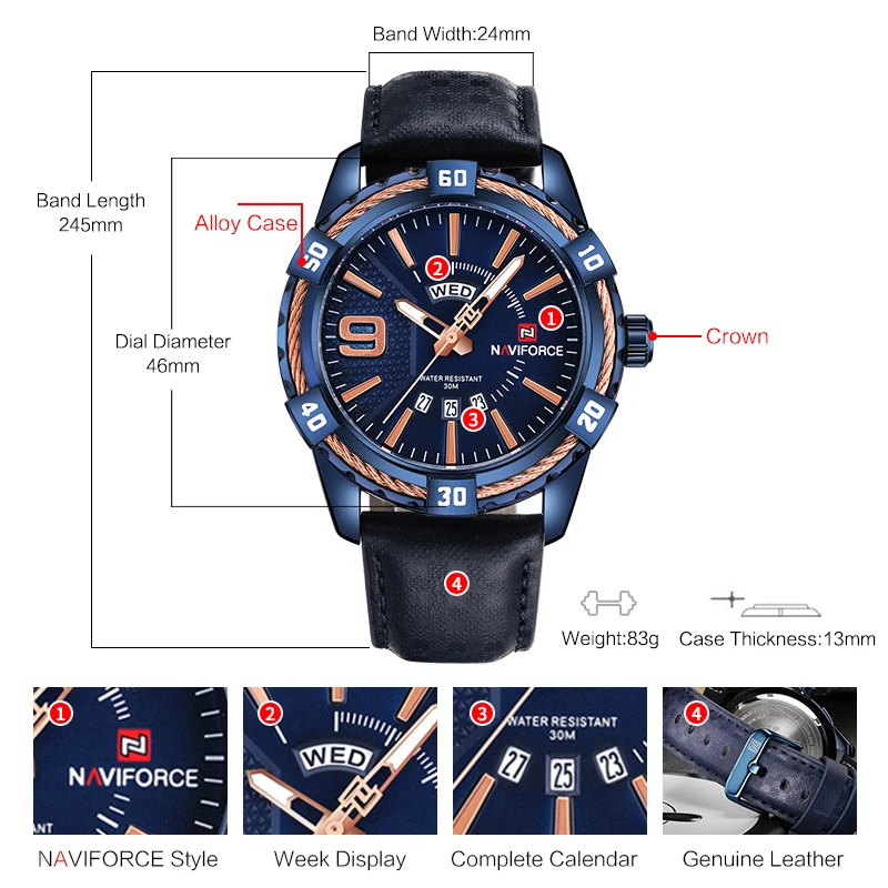 Prabangos Prekės NAVIFORCE Sporto Laikrodžiai Mens Vandeniui Karinės Laikrodis Mados Vyras Analoginis Data Blue Laikrodis Relogio Masculino