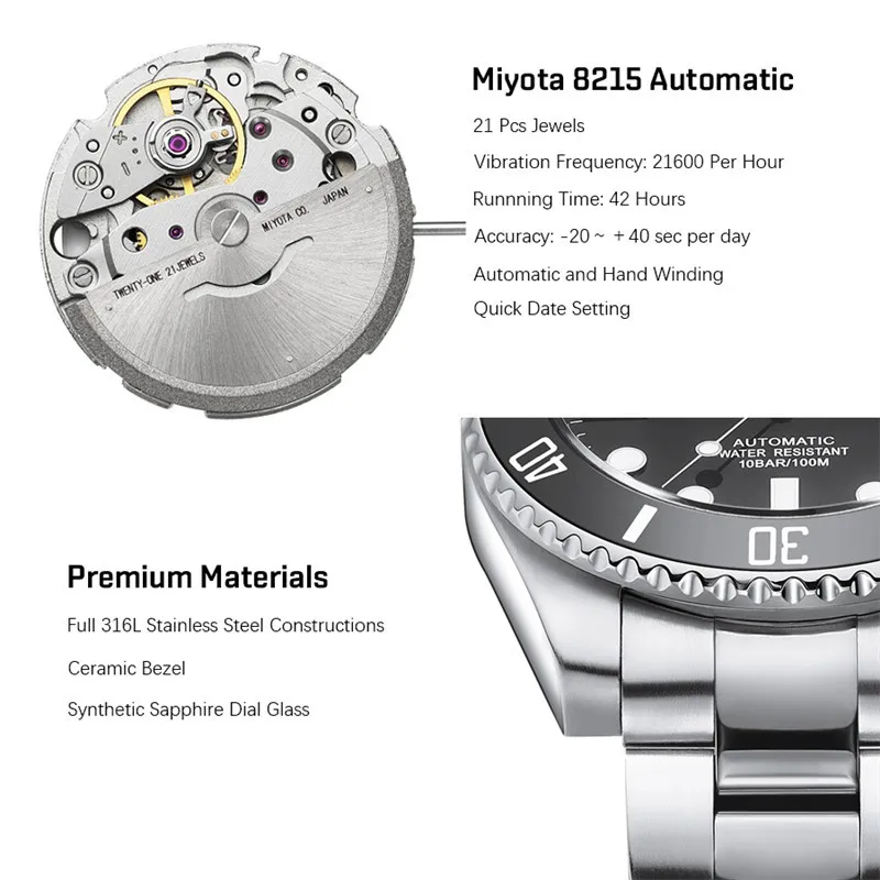 Naujas Nardymo Mens Watch Automatinė Prabangos prekės Lacz Denton Safyras Mechaninis laikrodis Vyrams, Kalendorius, Šviesos, Vandens Dvasios, Žalia Žiūrėti