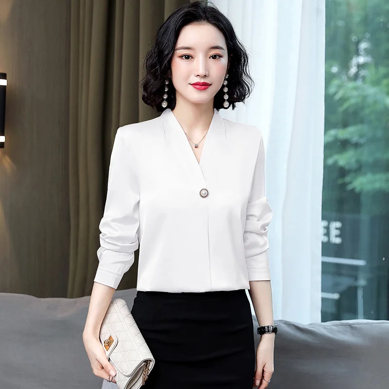 Korėjos Plius Dydis Šifono Marškinėliai 8 Spalvos Naujas Mados V-neck Slim Mygtuką Viršuje 2021 Šilko Satino ilgomis Rankovėmis Office Palaidinė Moterims 13043