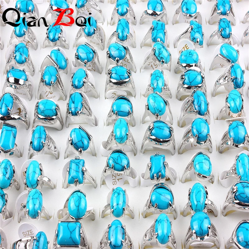 QianBei Didmeninė 50pcs Daug Naujo Dizaino Vintage Blue Stone Žiedų Rinkinys Moterims Geometrinis Modelis Gėlių Žiedai Šalis
