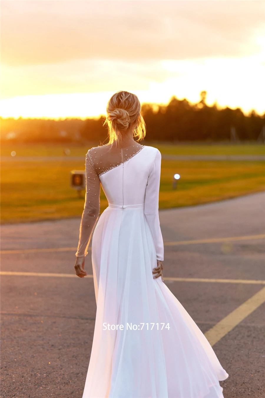 Asimetrija ilgomis Rankovėmis su Duobute Balto Šifono-line Vestuvių Suknelė Priekyje Plyšio Elegantiškas Šifono Vestuvinės Suknelės