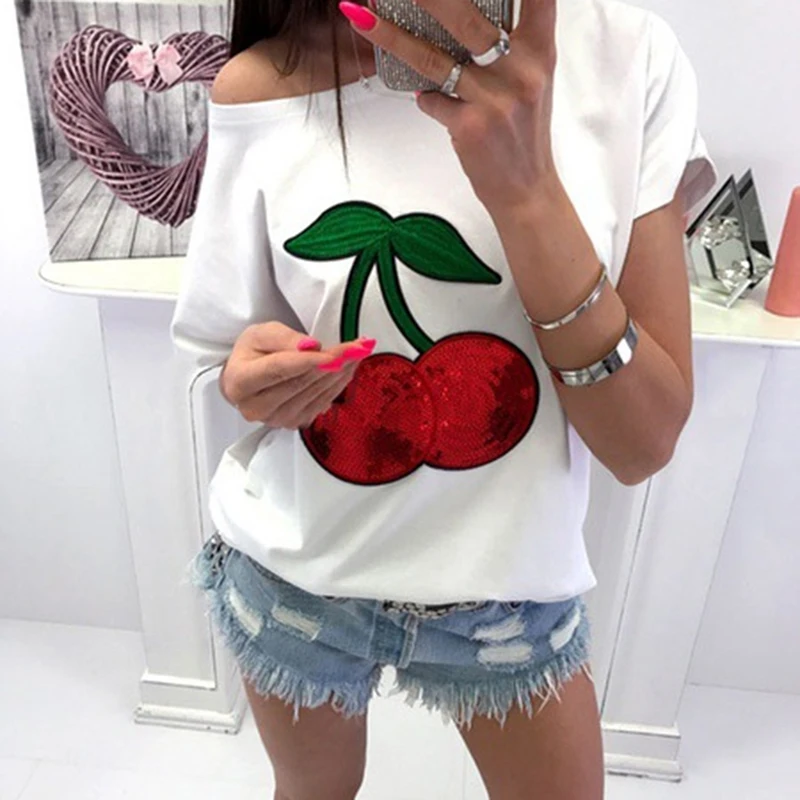 Vasaros Seksualus Off Peties Top marškinėliai Moterims Marškinėliai China Vyšnių Aplikacijos marškinėliai Tee Marškinėliai Femme
