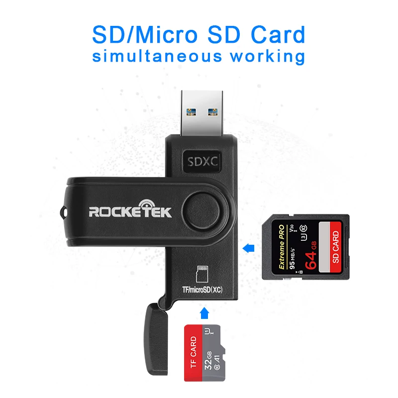 Rocketek pačiu metu skaityti 2 korteles, usb 3.0 multi atminties kortelių skaitytuvas adapteris, cardreader mikro SD/TF microsd skaitytojai kompiuteris