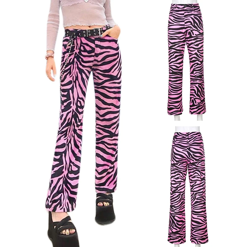 Estetika Zebra Išspausdintas Ilgas Kelnes E-Girl Punk Stiliaus Vidurio Juosmens Atsirišo Tiesiai Ziajać Streetwear Kelnės