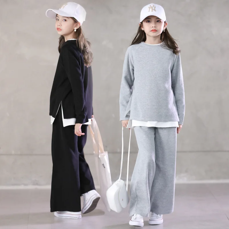 Paauglių Mergaičių ilgomis Rankovėmis Megzti Kostiumas 2020 Naujas Japonija Trumpas Stilius Laisvas Pločio Kojų Kelnės Kombinezonas, Dydis 10 12 13 14 metų