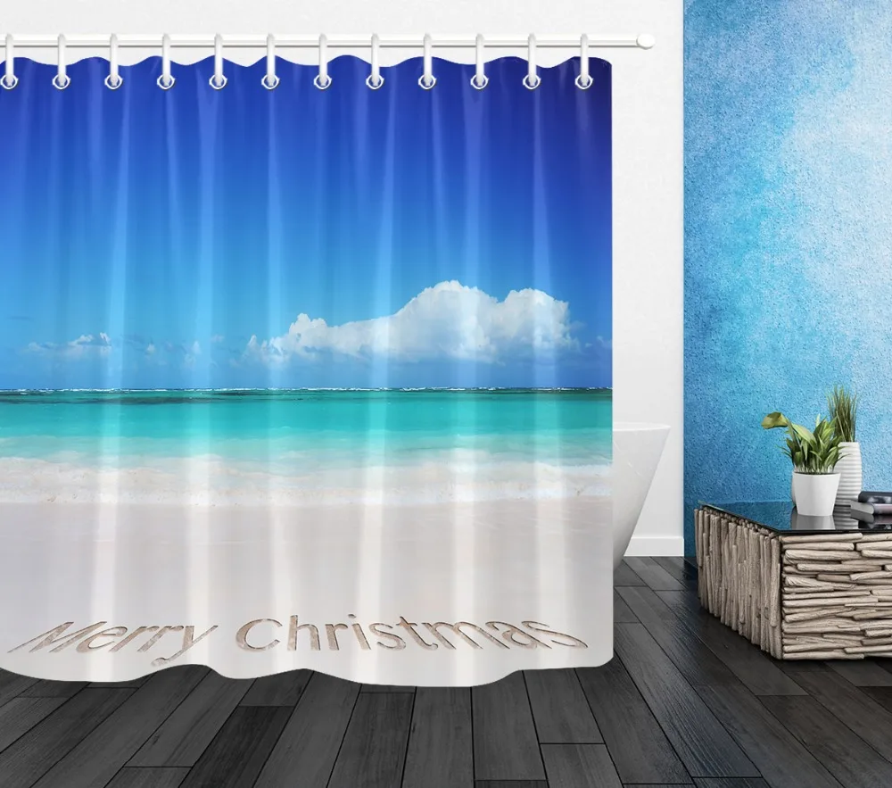 LB 3d Aiškiai Atogrąžų Paplūdimio Ir Linksmų Kalėdų tekstą Jūros Smėlio Dušo Užuolaidos Kilimėlis Vonios kambarys Audinio Vonia Dekoras