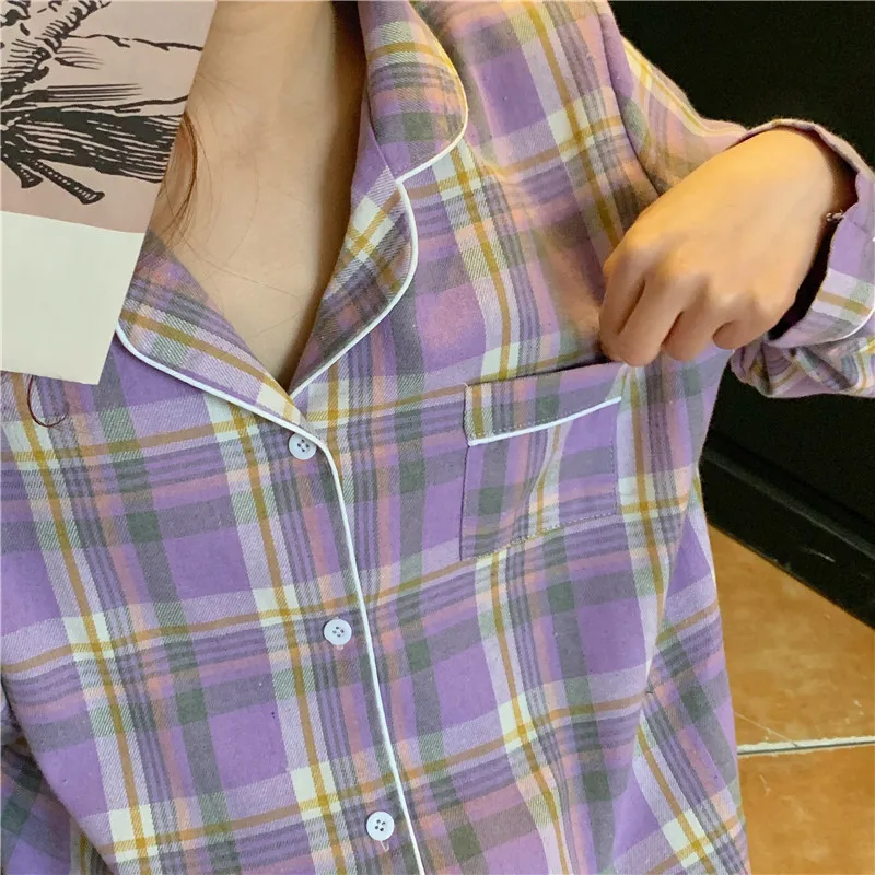 Pavasarį moterys pledas pižama nustatyti ilgomis rankovėmis korėjos prašmatnus languotas sleepwear mergaičių pižamos homewear merginos tinklelis namų pjs rinkiniai L152