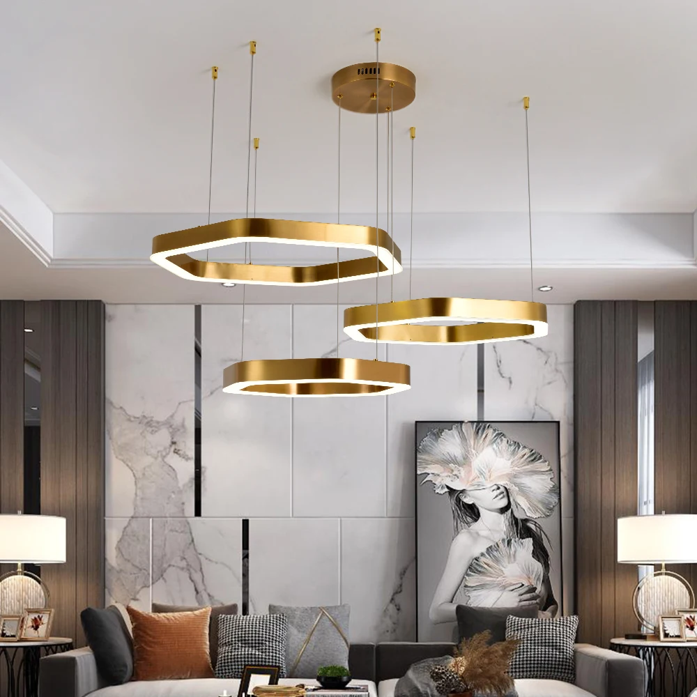 Naujos, modernios led šviestuvo už kambarį Šešiakampis kartu žiedas lempos, namų dekoro aukso nerūdijančio plieno kabinti apšvietimo šviestuvas