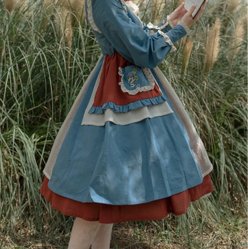 Viktorijos Suknelė Rudens Žiemos Aikštėje Apykaklės Siuvinėjimo Derliaus Lolita op Suknelė ilgomis Rankovėmis su Lankelis Loli Cos