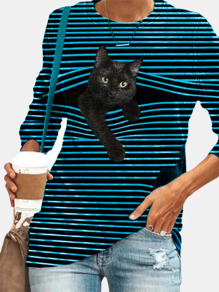 Dryžuotas Katinas Spausdinti Mados Atsitiktinis ilgomis rankovėmis T-Shirt Retro Classic 