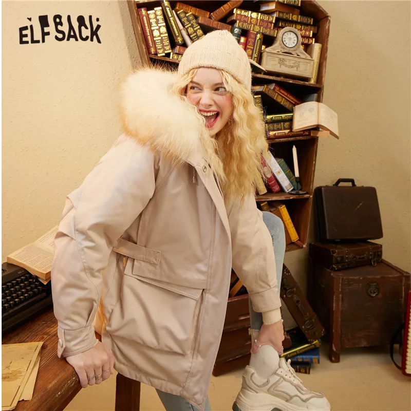 ELFSACK Kietas Grynas Negabaritinių Gobtuvu 90% Baltųjų Ančių Pūkų Paltai Moterims,2020 M. Žiemos ELF Derliaus korėjos Ponios Kasdien Šiltas Outwear