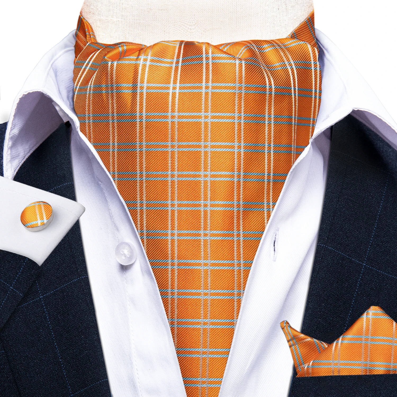 Naujas Vyrų Derliaus Orange Patikrinti Šilko Cravat Ascot Kaklaraištis Scrunch Britų Stiliaus Vestuves Necktie Nosinė Žiedas Nustatyti DiBanGu