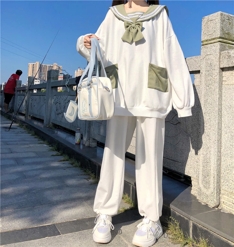 Japonijos Rudenį Minkštas Mergina Palaidinukė Sweety Sailor Apykaklės Sujungimas Lankas Puloveris Mielas Triušis Ausis Kišenėje Visas Palaidinės Rankovės