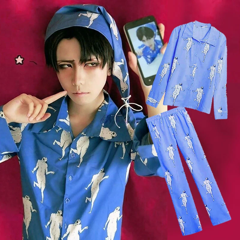Anime Ataka Titan Levi Pižama Sleepwear Shingeki No Kyojin Cosplay Kostiumų Suaugusiųjų Pižamos Pijamas Marškinėliai Kelnės Su Skrybėlę